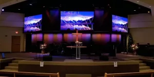 Professional church LED screen installation showing a modern worship service